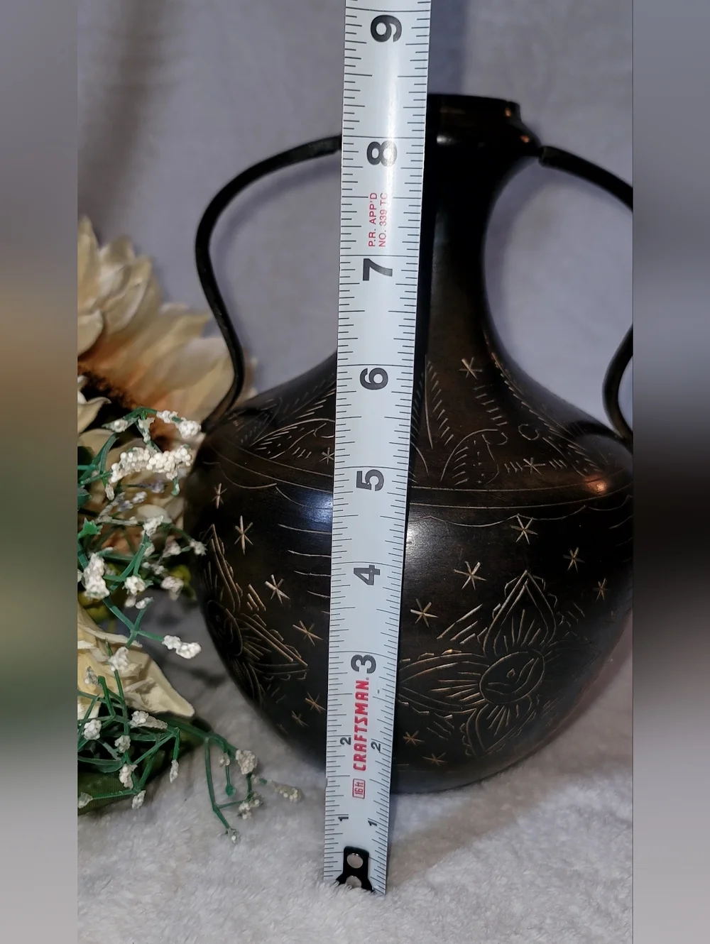 Vintage Solid Brass Amphora Vase Black Finish & Etched Designs